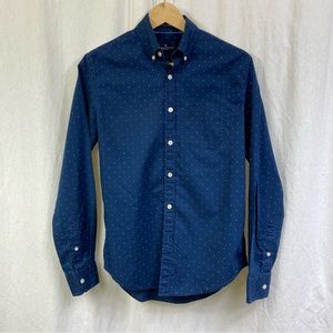 American Eagle Long Sleeve Button Up Shirt Navy with White Polka Dots